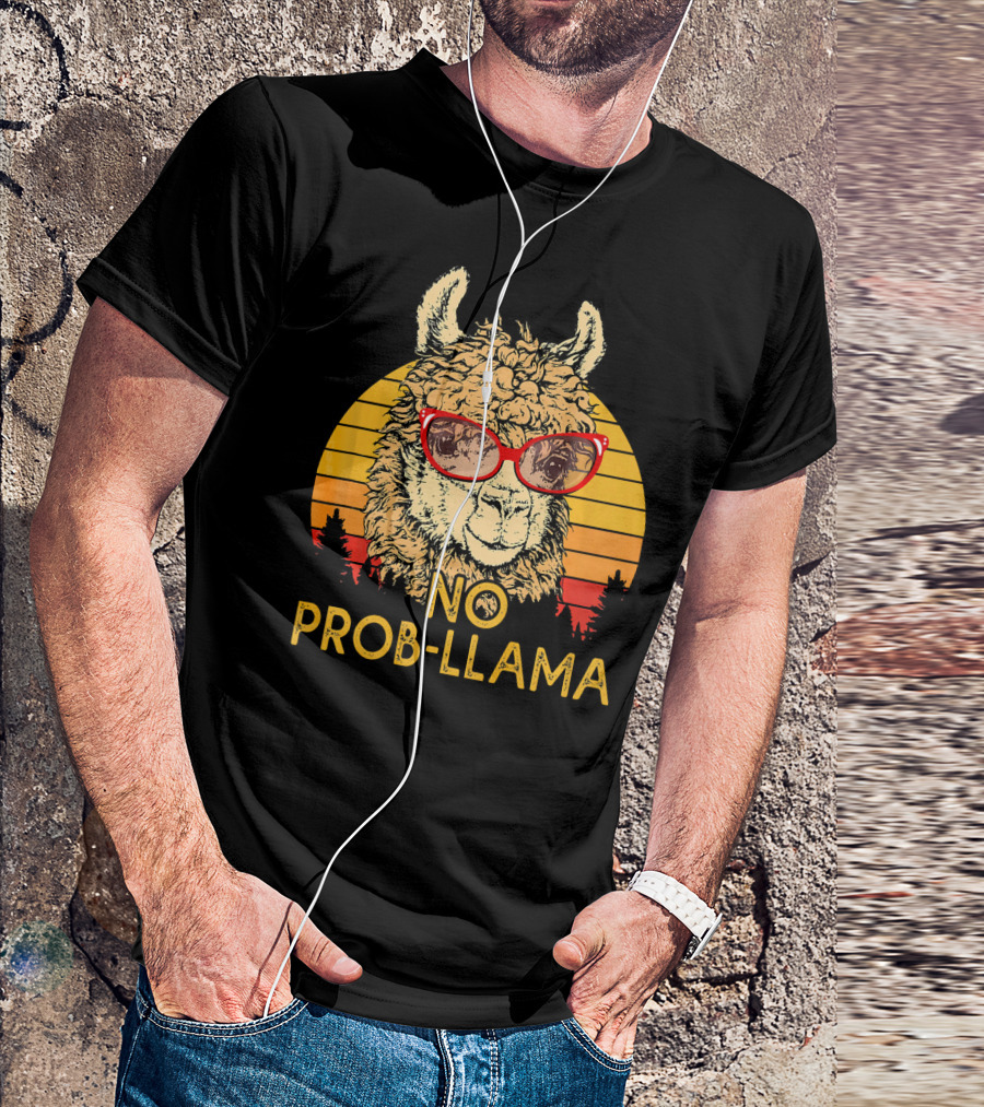 NO PROB LLAMA Retro Funny Llama Alpaca With Sunglasses Vintage Sunset T-Shirt