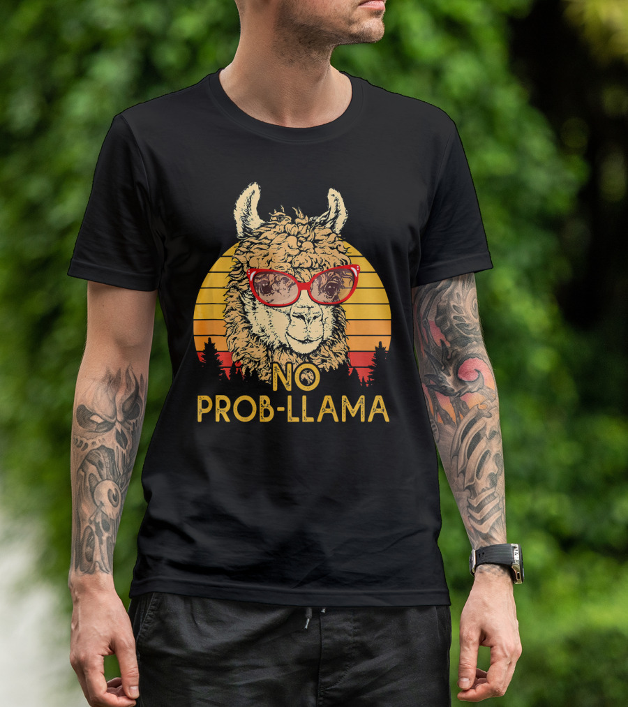 NO PROB LLAMA Retro Funny Llama Alpaca With Sunglasses Vintage Sunset T-Shirt