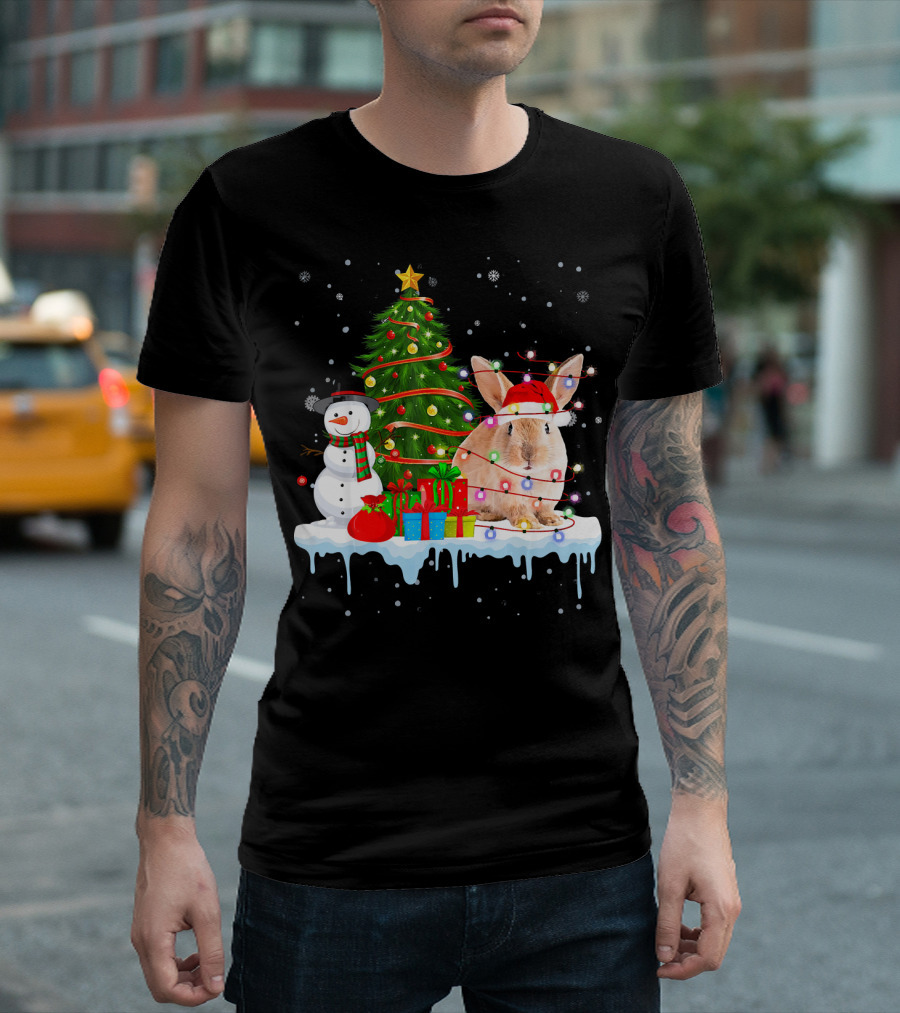 Rabbit in Santa Hat with Christmas Lights Snowman and Tree T-Shirt