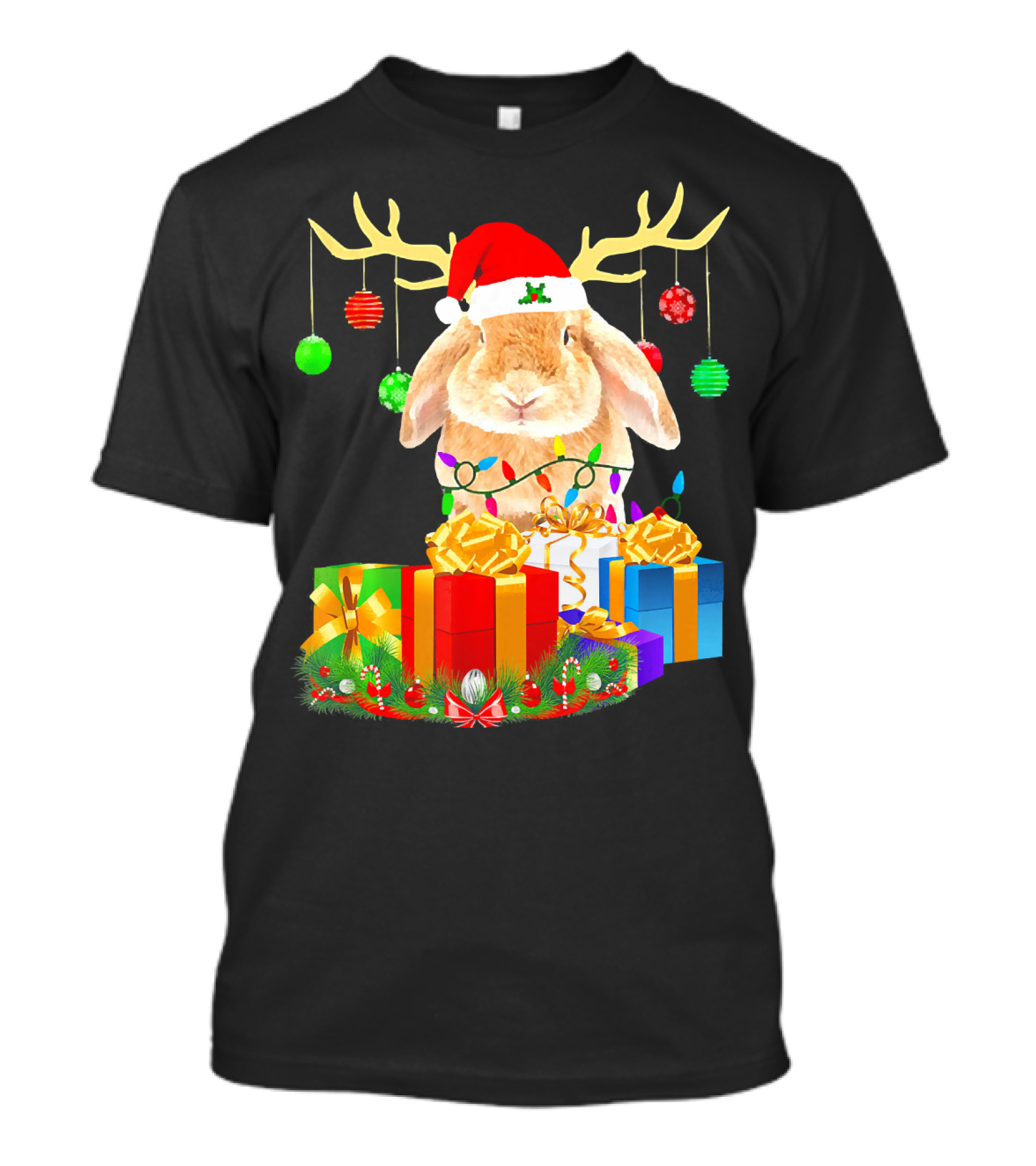 Bunny With Santa Hat And Reindeer Antlers Surrounded By Christmas Gifts And Ornaments T-Shirt