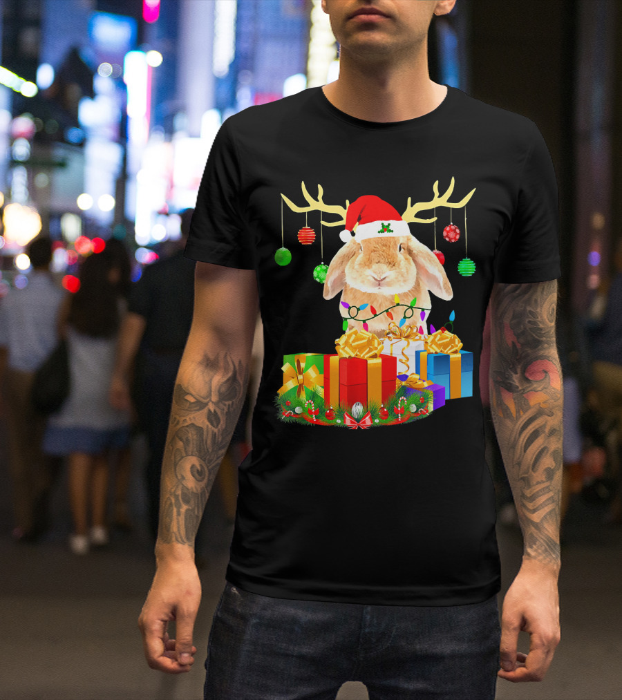 Bunny With Santa Hat And Reindeer Antlers Surrounded By Christmas Gifts And Ornaments T-Shirt