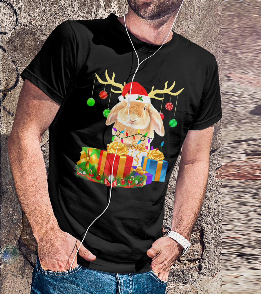 Bunny With Santa Hat And Reindeer Antlers Surrounded By Christmas Gifts And Ornaments T-Shirt