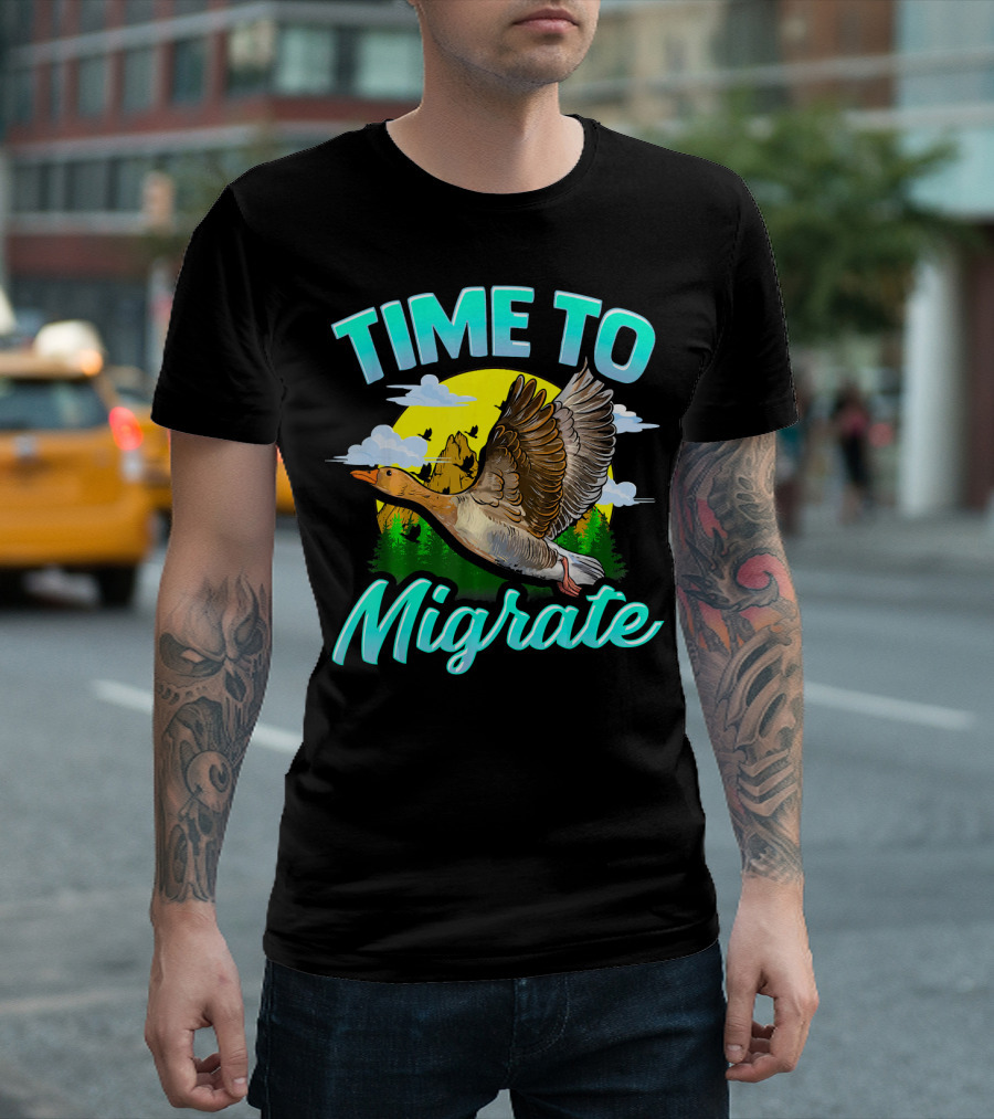 Time To Migrate Goose Bird Migration Pun Vintage Nature Scenery T-Shirt