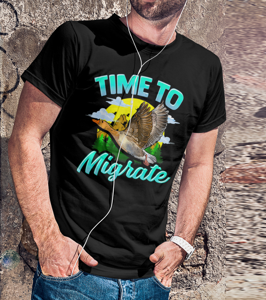 Time To Migrate Goose Bird Migration Pun Vintage Nature Scenery T-Shirt