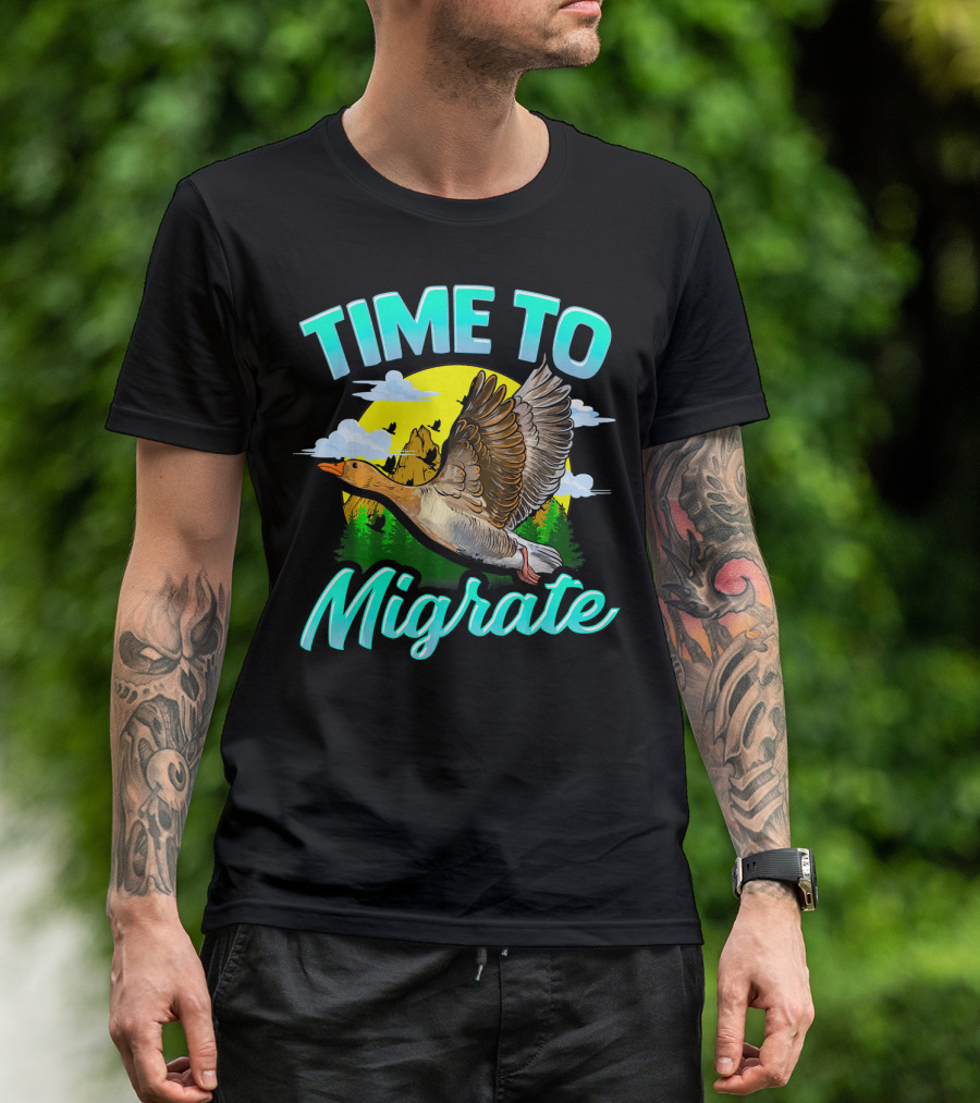 Time To Migrate Goose Bird Migration Pun Vintage Nature Scenery T-Shirt