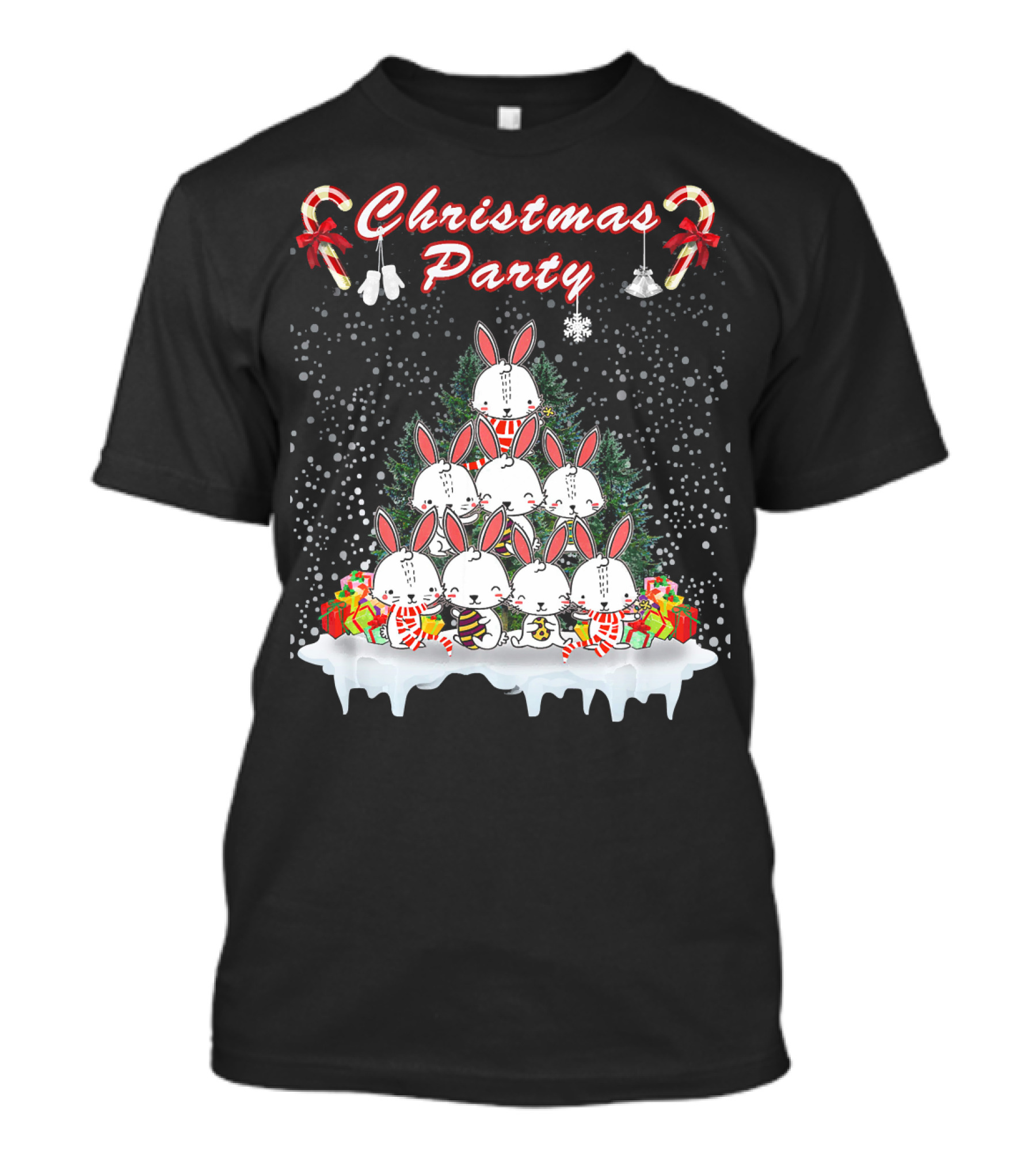 Christmas Party Rabbit Candy Cane Snowflakes T-Shirt
