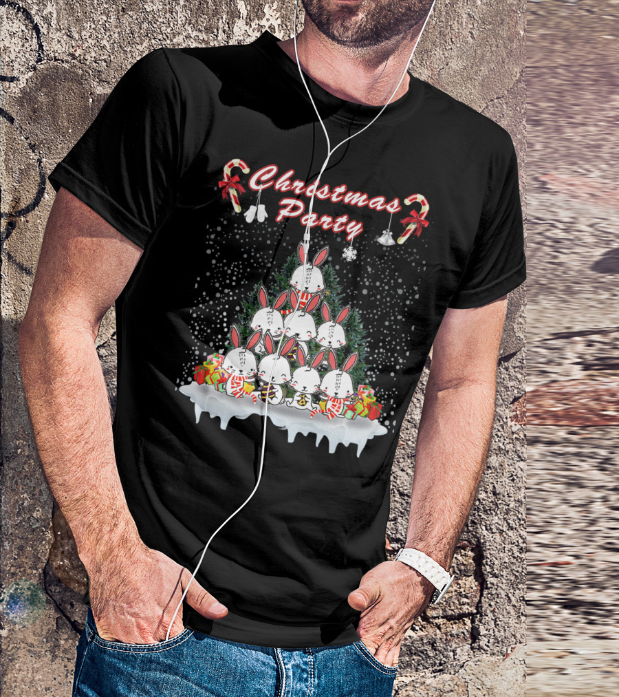 Christmas Party Rabbit Candy Cane Snowflakes T-Shirt