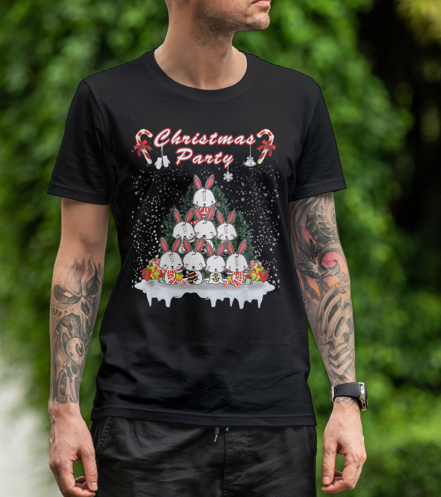 Christmas Party Rabbit Candy Cane Snowflakes T-Shirt