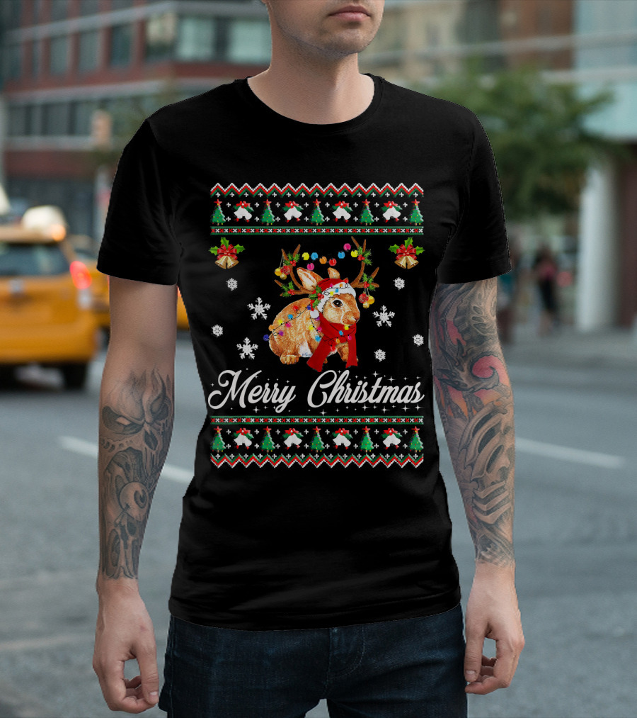 Merry Christmas Santa Rabbit Gorgeous Gorgeous Reindeer Snowflakes Holiday Lights T-Shirt