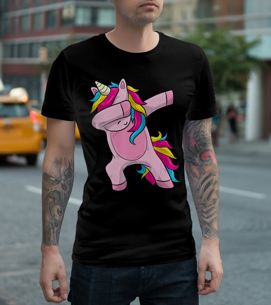 Pink Dabbing Unicorn with Rainbow Mane T-Shirt