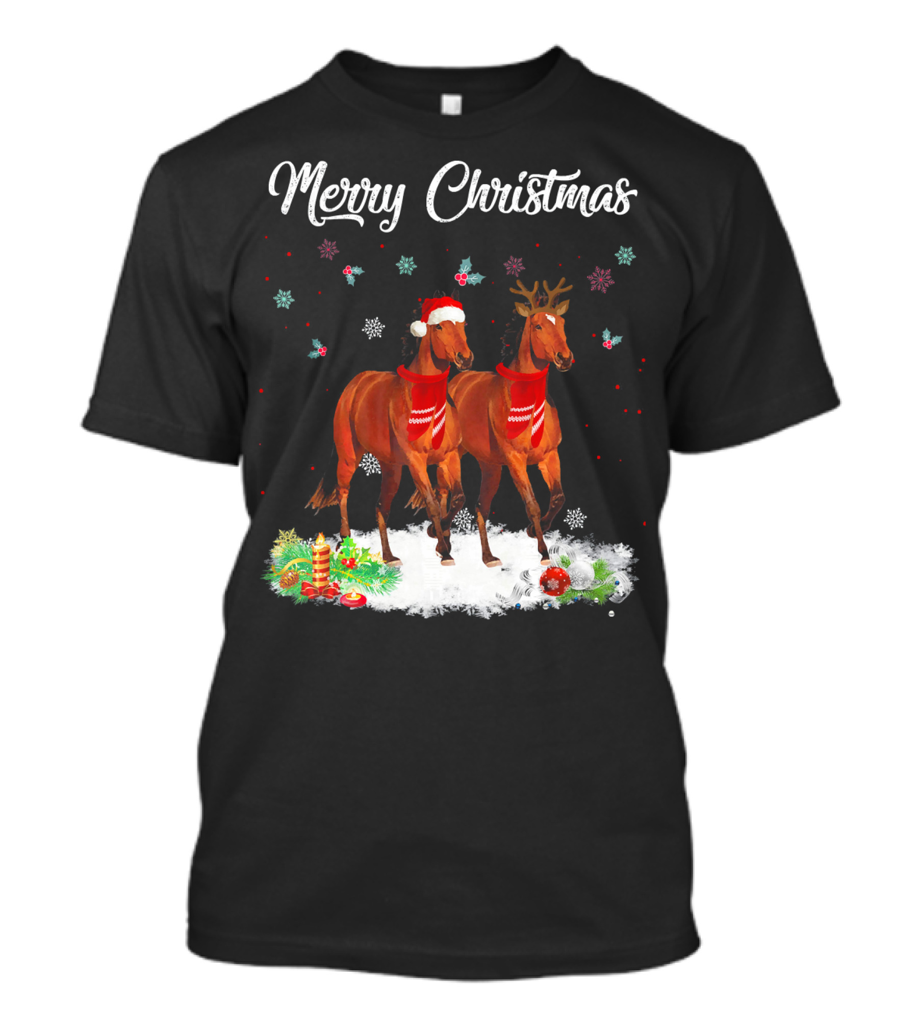 Merry Christmas Horse In Santa Hat And Reindeer Antlers With Snow And Ornaments T-Shirt
