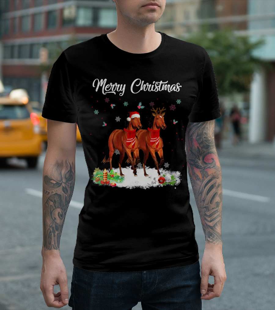Merry Christmas Horse In Santa Hat And Reindeer Antlers With Snow And Ornaments T-Shirt
