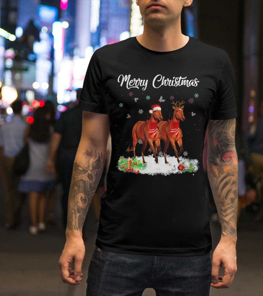 Merry Christmas Horse In Santa Hat And Reindeer Antlers With Snow And Ornaments T-Shirt