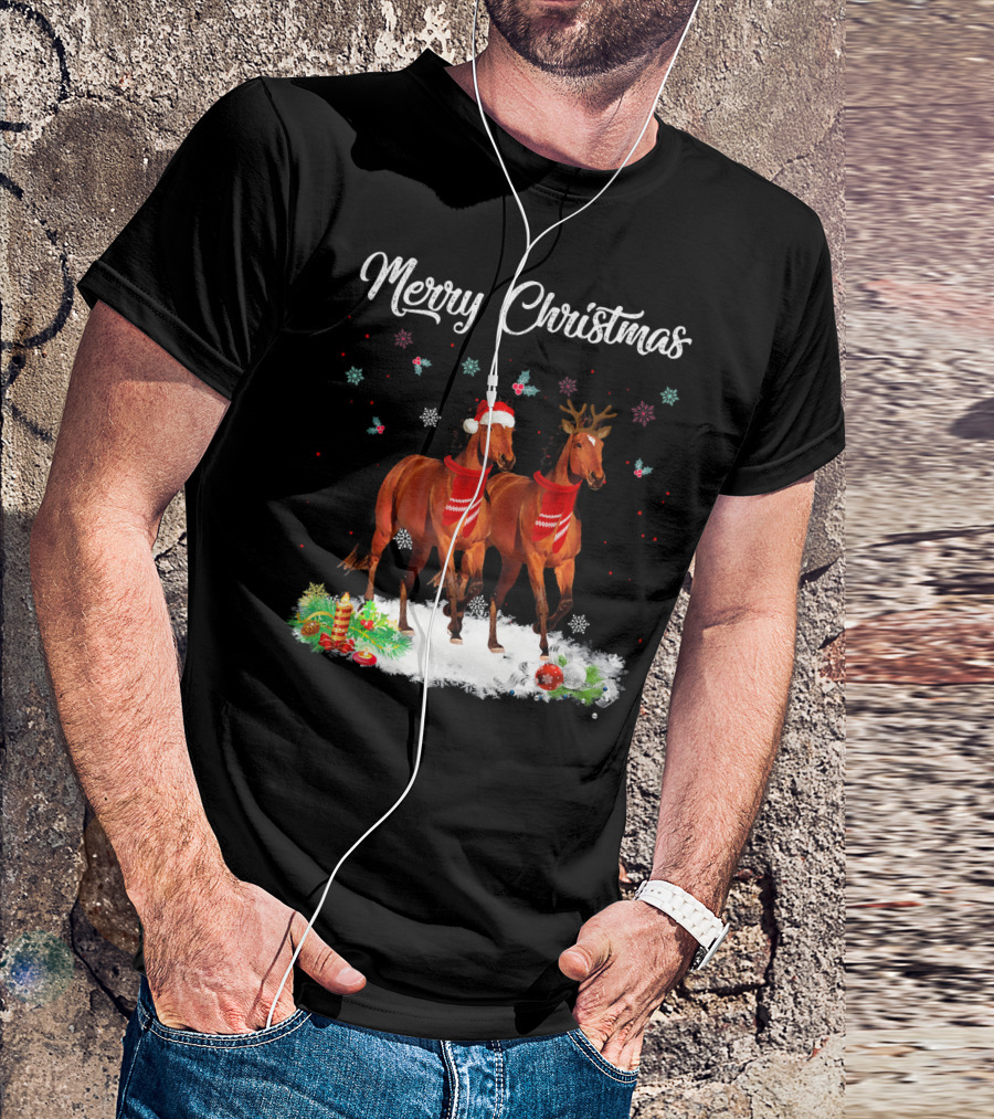 Merry Christmas Horse In Santa Hat And Reindeer Antlers With Snow And Ornaments T-Shirt