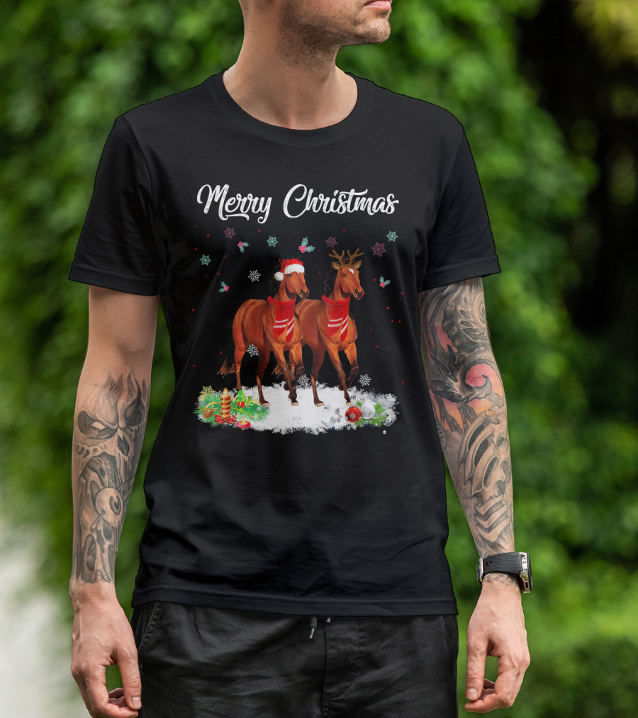 Merry Christmas Horse In Santa Hat And Reindeer Antlers With Snow And Ornaments T-Shirt
