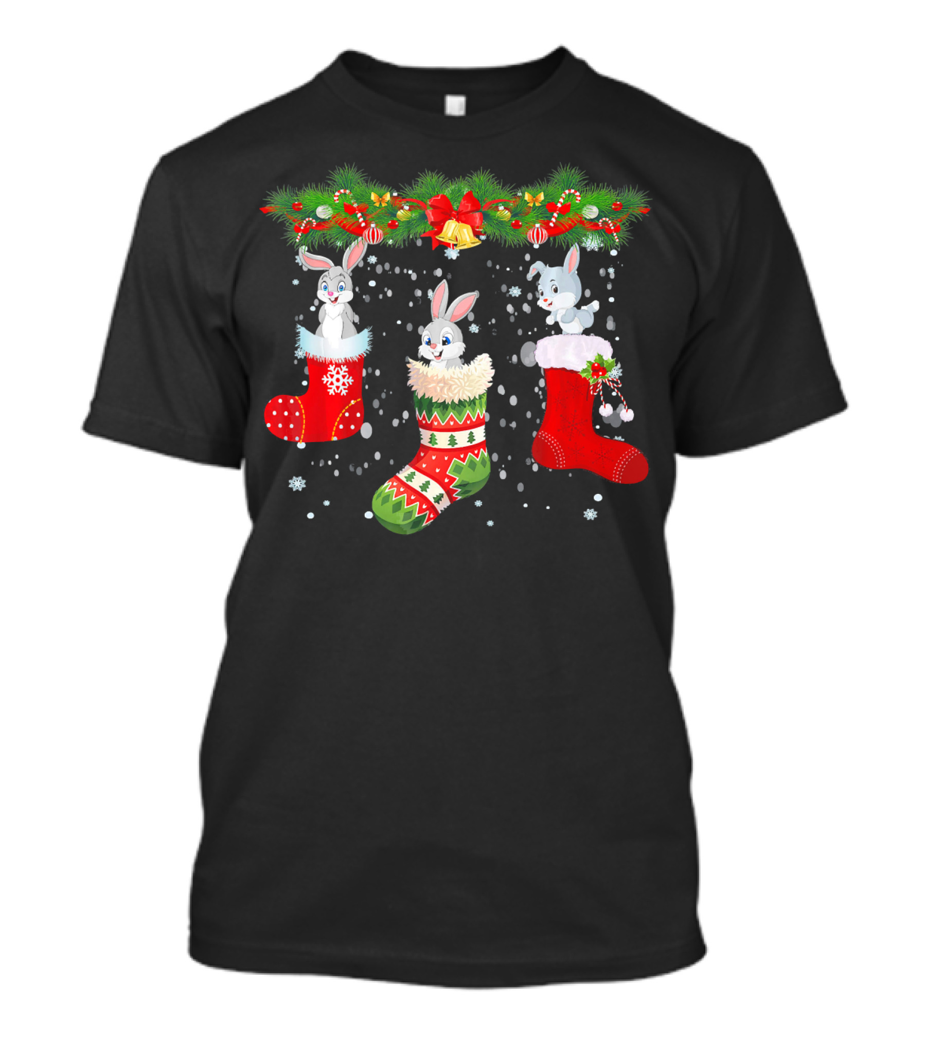 Three Rabbit In Sock Christmas Santa Hat Garland Snowflakes T-Shirt