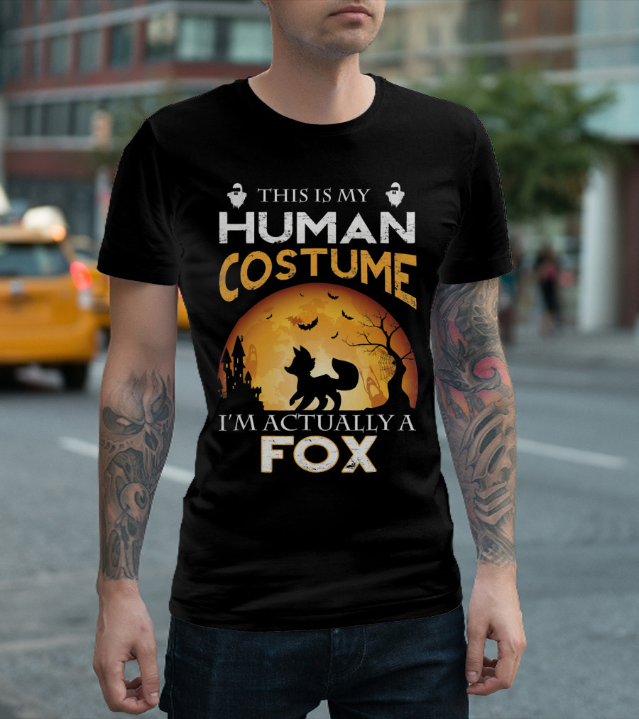 This Is My Human Costume I'm Actually a Fox Halloween Theme with Full Moon and Bats T-Shirt