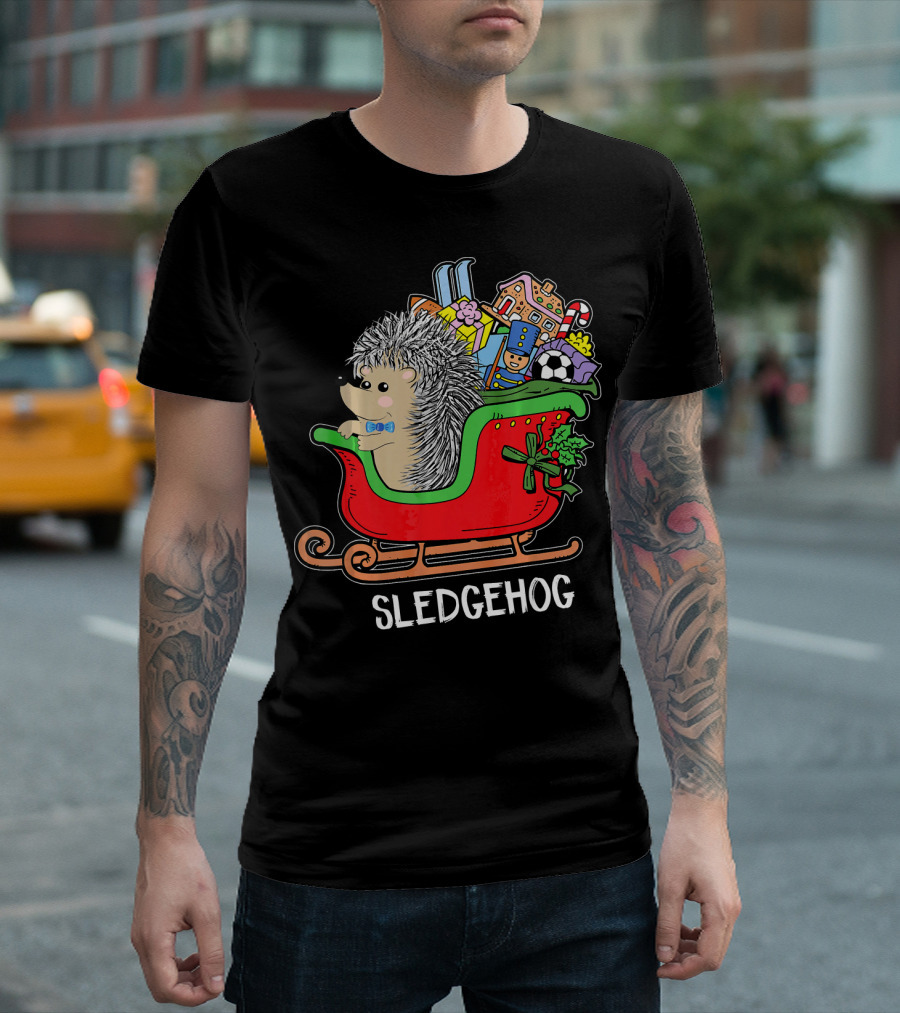 Sledgehog Funny Hedgehog Christmas Sleigh With Gifts And Toys T-Shirt