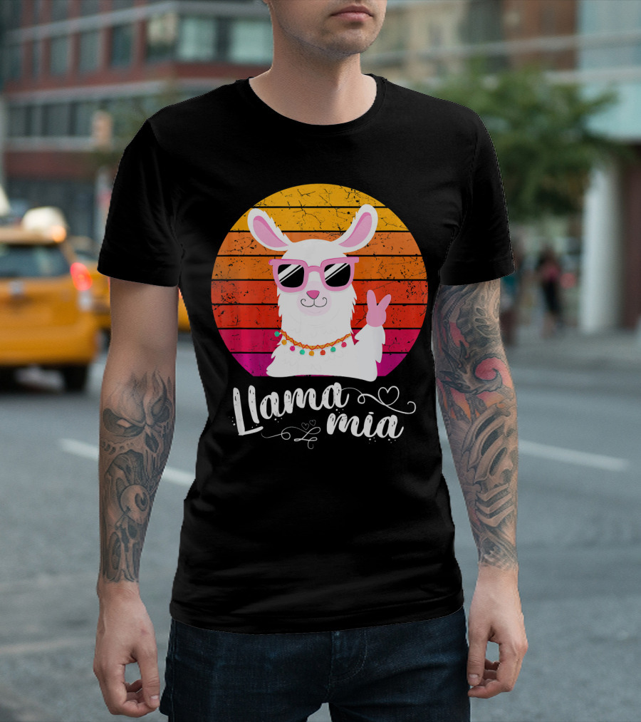 Llama Mia Retro Vintage Sunglasses Peace Sign T-Shirt