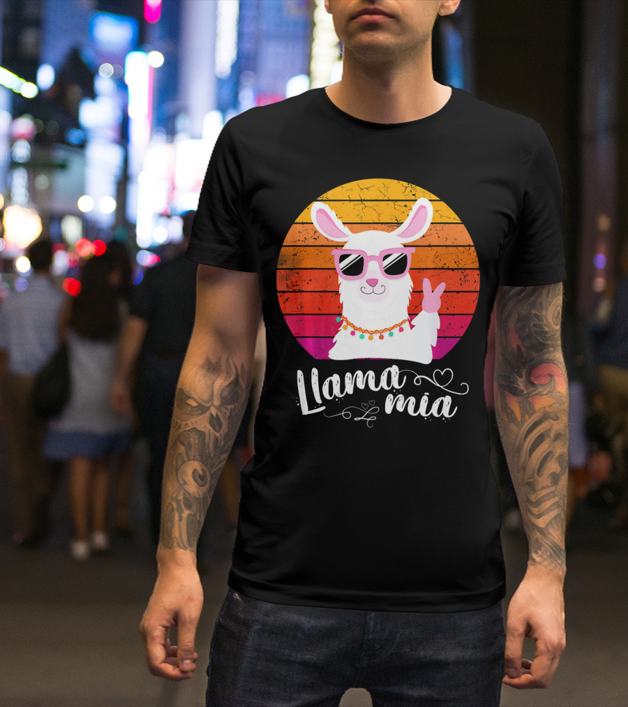Llama Mia Retro Vintage Sunglasses Peace Sign T-Shirt