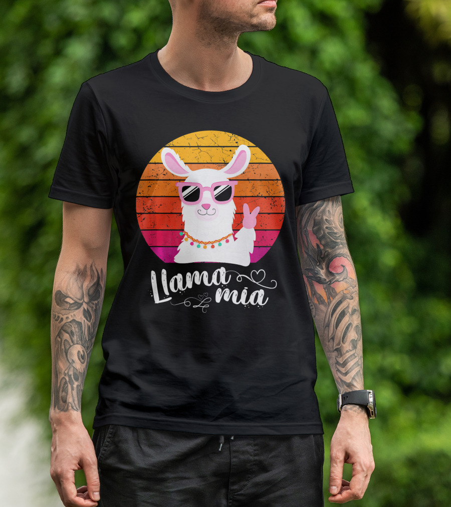 Llama Mia Retro Vintage Sunglasses Peace Sign T-Shirt
