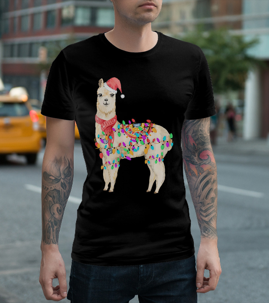 Santa Llama Funny Christmas Lights Alpaca Holiday Humor T-Shirt