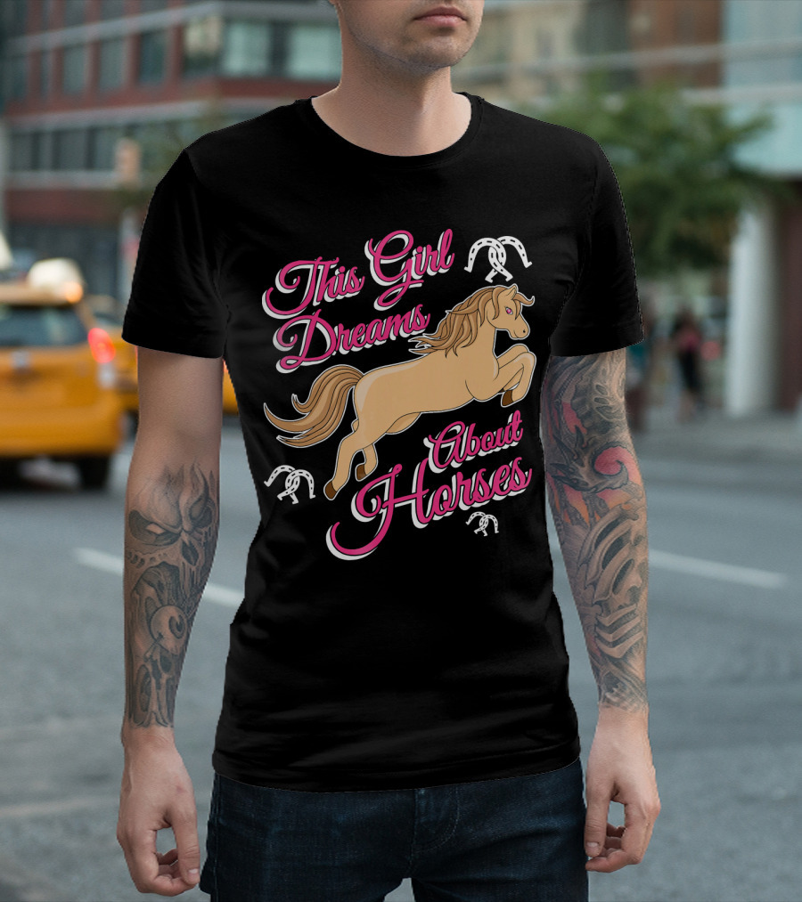 This Girl Dreams About Horses Leaping Beige Horse and Horseshoe Accents T-Shirt