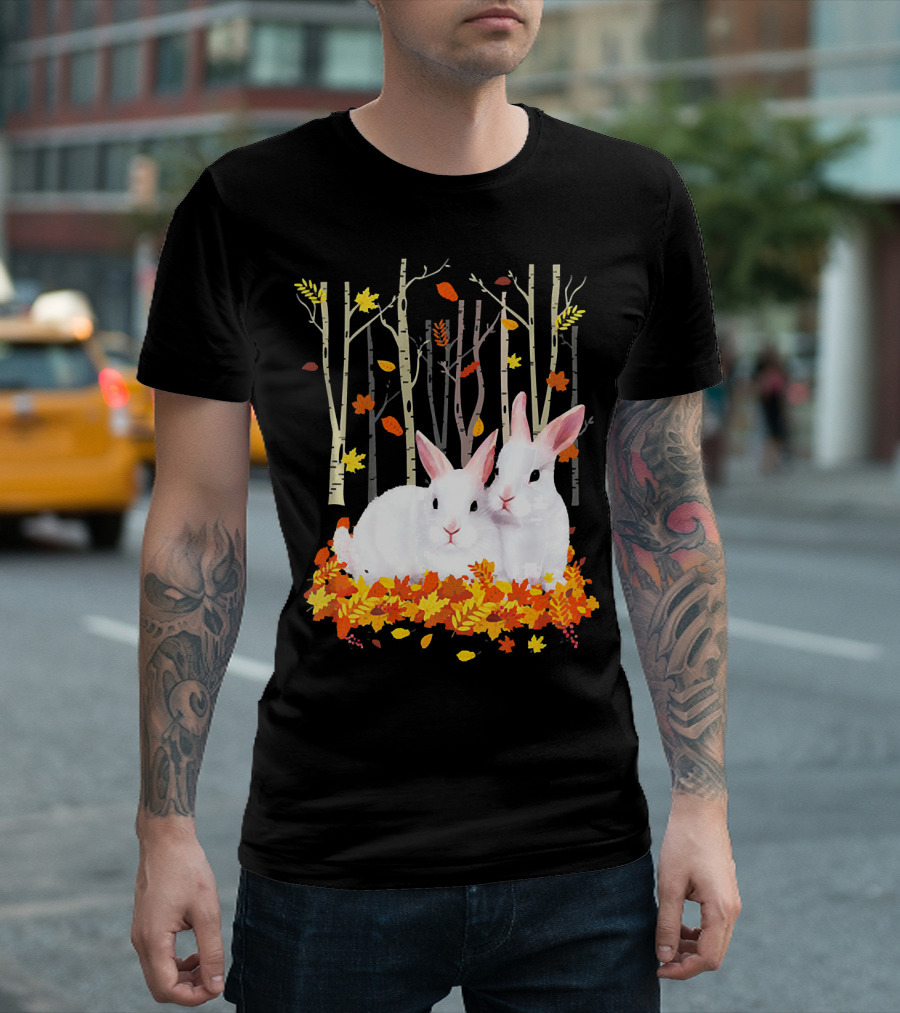 Rabbit Autumn Forest Hear Duo In Fall Leaves T-Shirt