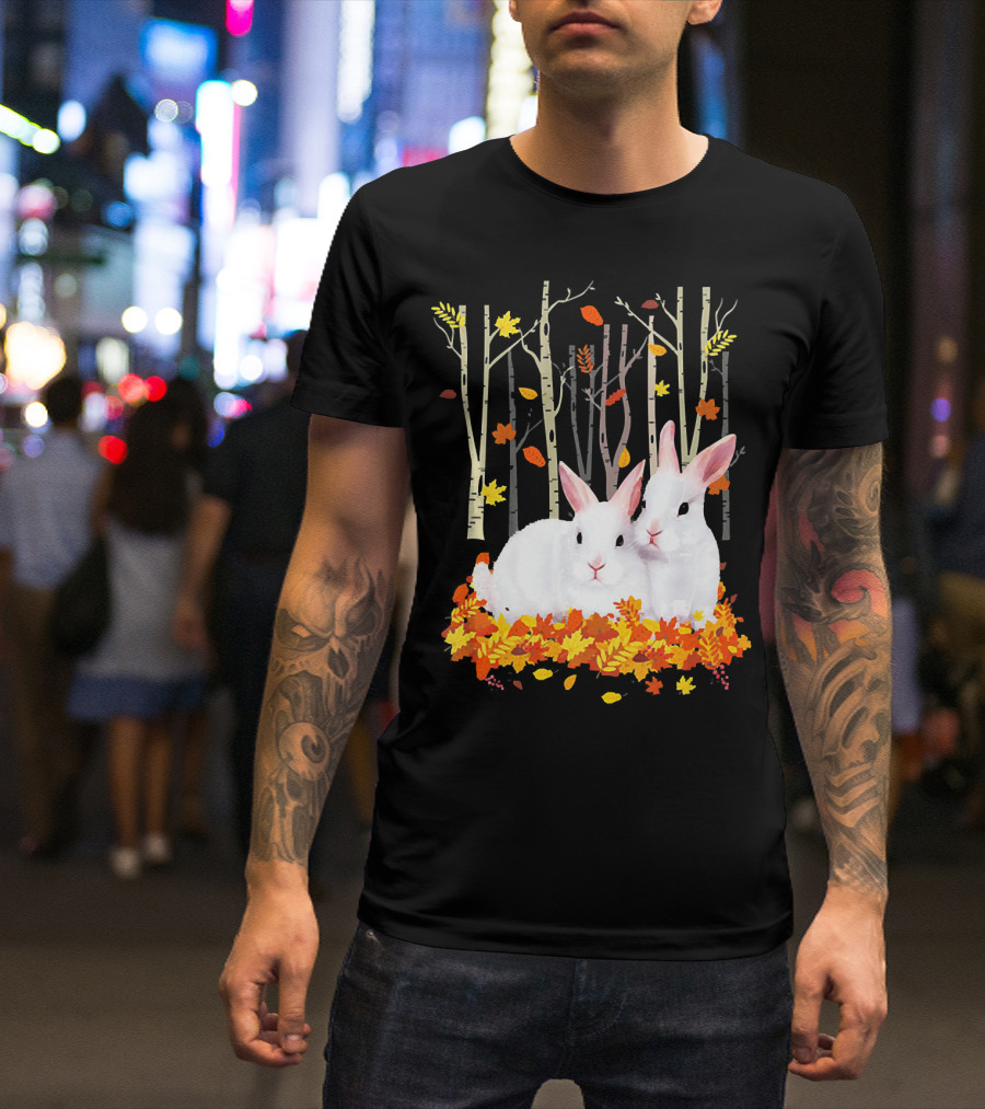 Rabbit Autumn Forest Hear Duo In Fall Leaves T-Shirt