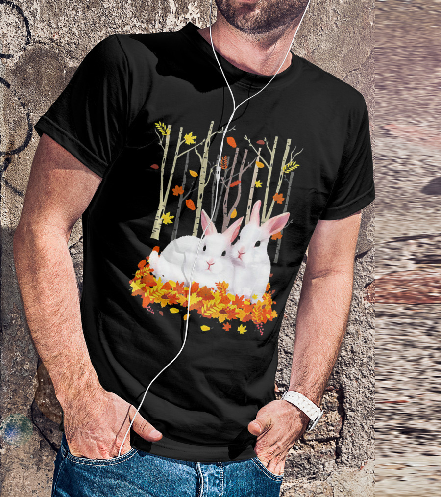 Rabbit Autumn Forest Hear Duo In Fall Leaves T-Shirt