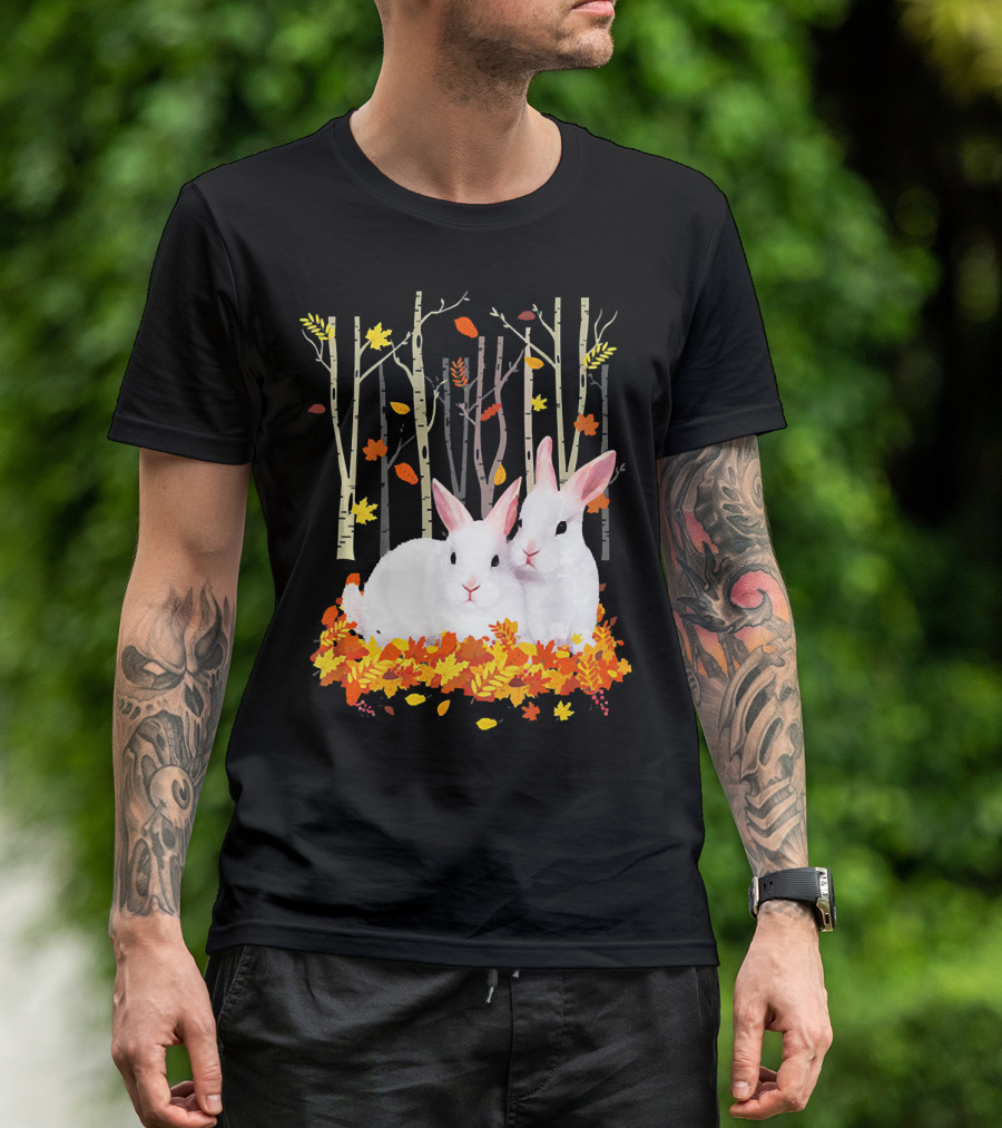 Rabbit Autumn Forest Hear Duo In Fall Leaves T-Shirt