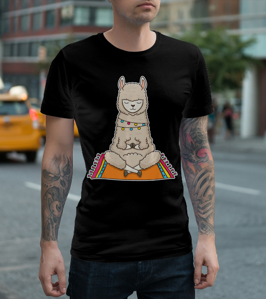 Namaste Alpaca Yoga Exercise Llama Meditation on Colorful Rug T-Shirt