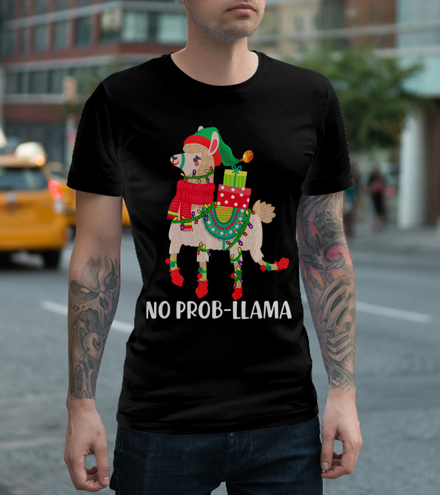 No Prob-llama Elf Christmas Lights with Gifts and Festive T-Shirt