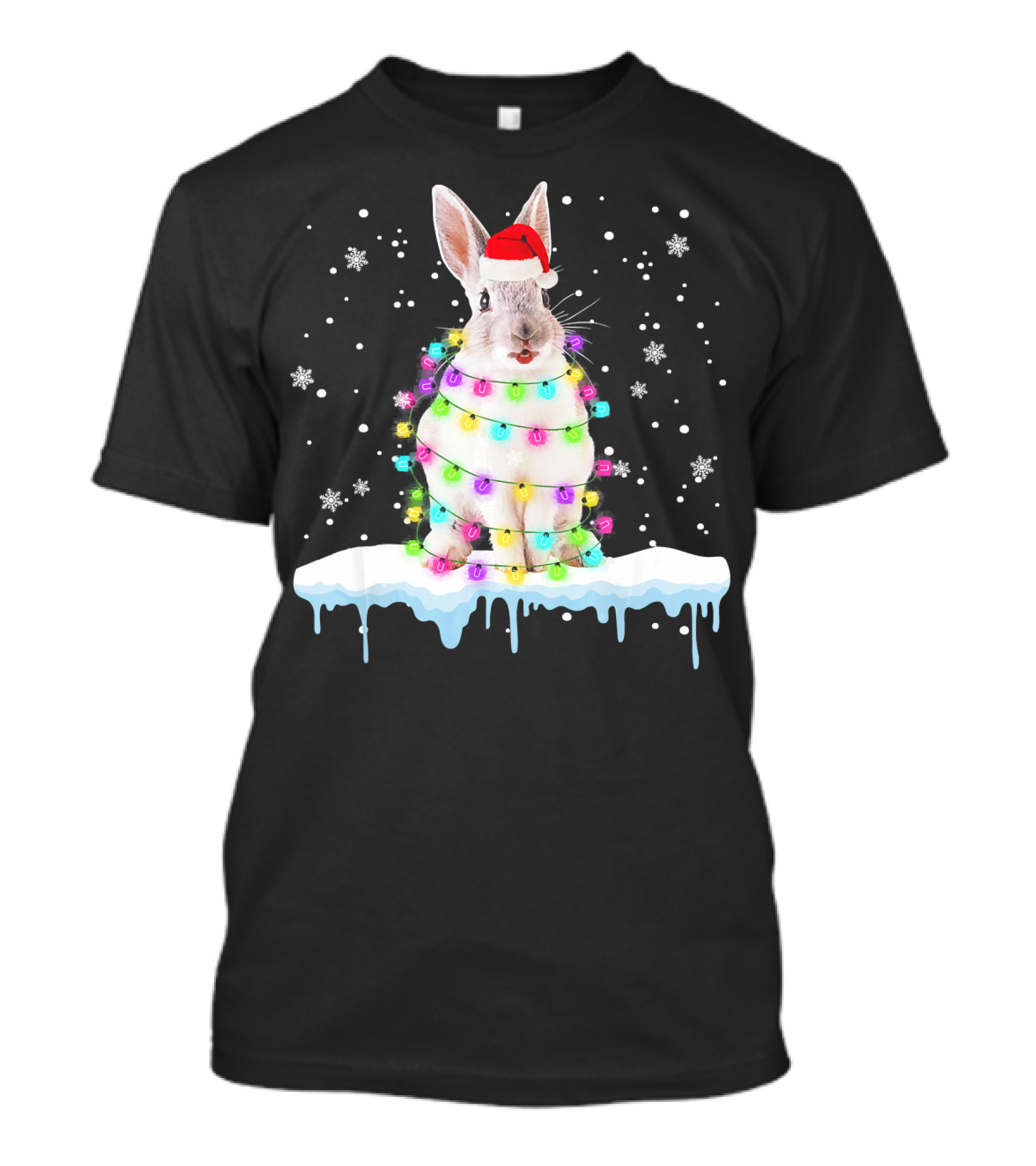 Rabbit In Santa Hat Wrapped In Colorful Christmas Lights Snowflakes T-Shirt