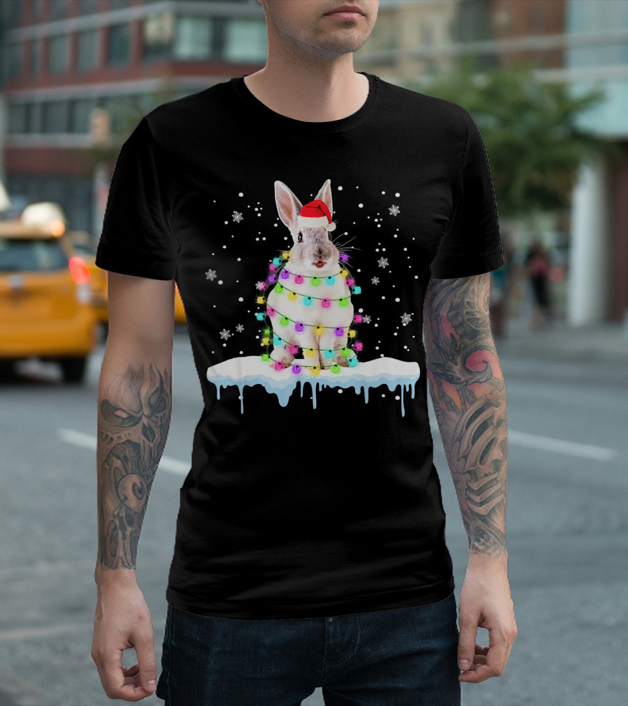 Rabbit In Santa Hat Wrapped In Colorful Christmas Lights Snowflakes T-Shirt
