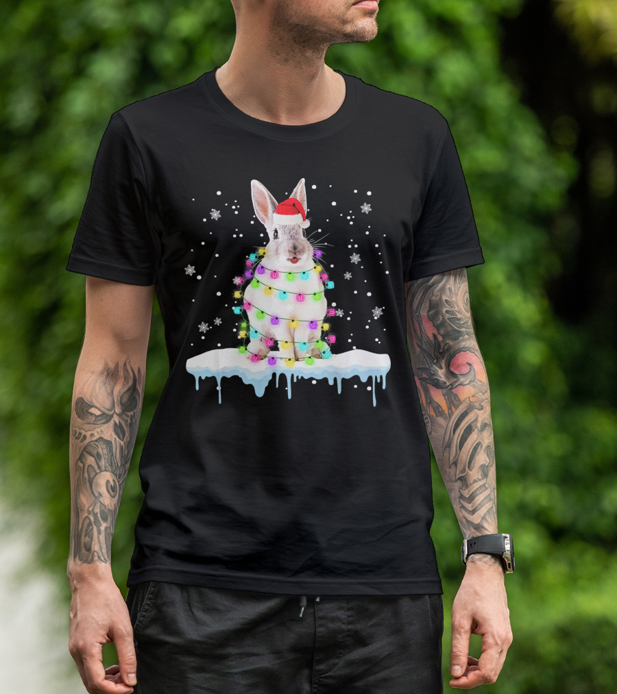 Rabbit In Santa Hat Wrapped In Colorful Christmas Lights Snowflakes T-Shirt