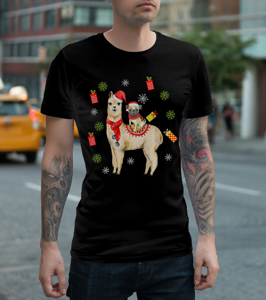 Pug Riding Llama Christmas Dog Alpaca Me Santa Hat Snowflakes Gifts T-Shirt