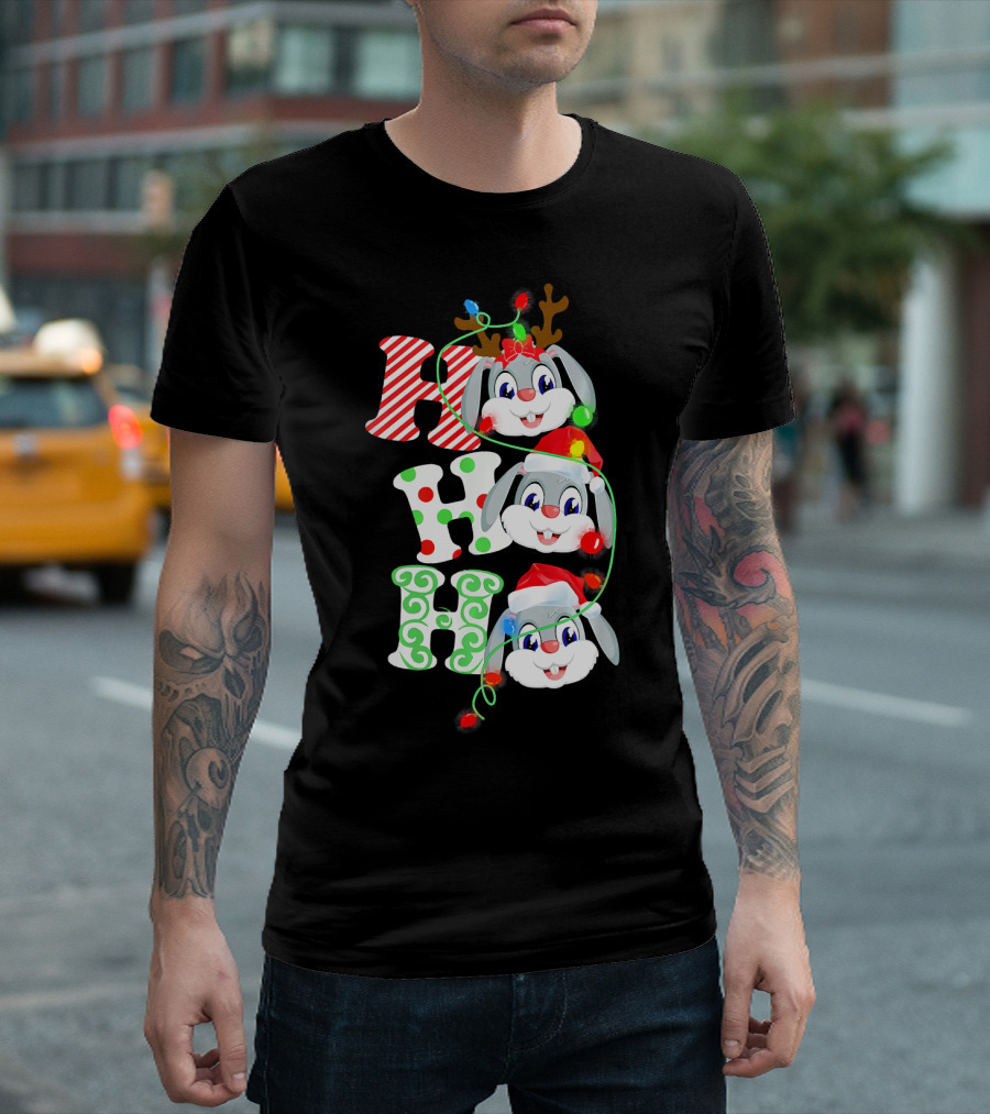 Rabbit Hohoho Christmas Funny Costume Lights Reindeer Antlers T-Shirt