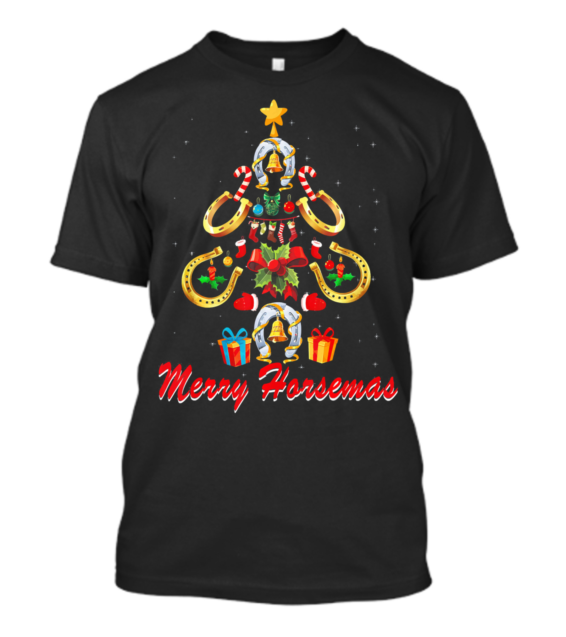 Merry Horsemas Horse Lover Christmas Tree With Horseshoes And Gifts T-Shirt