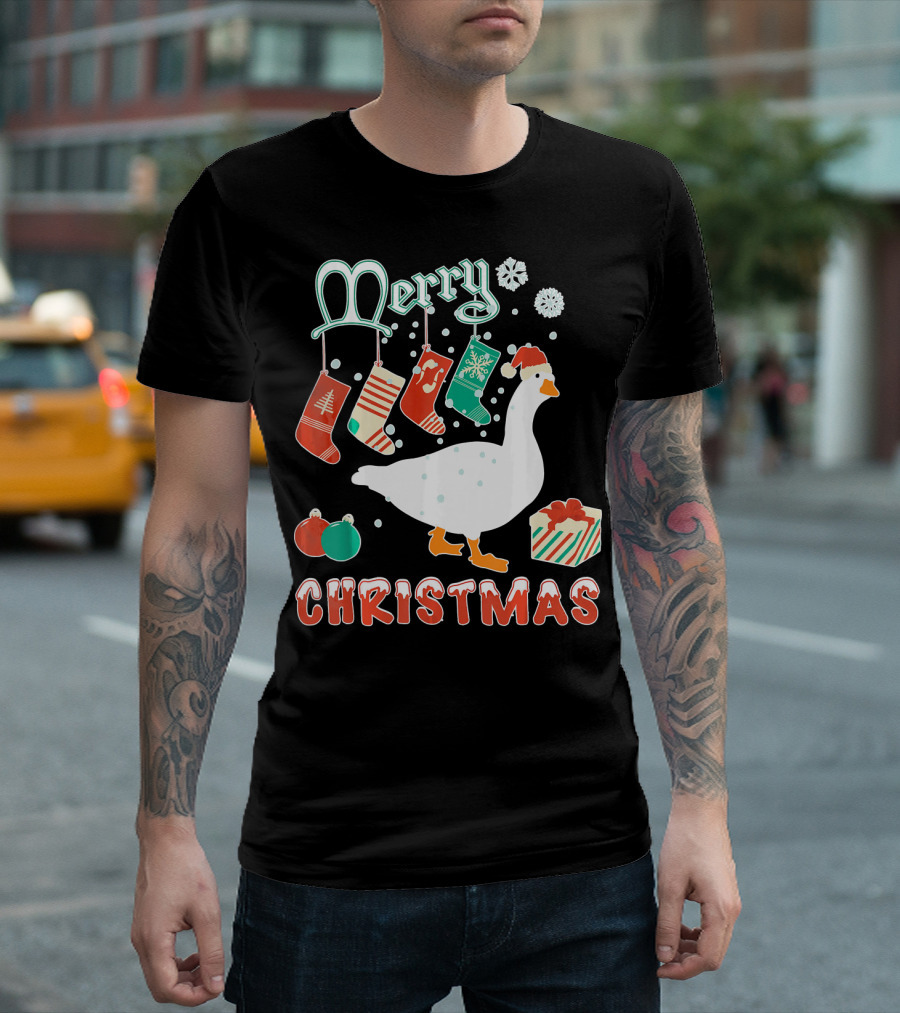Merry Christmas Goose Festive Stockings and Gifts T-Shirt
