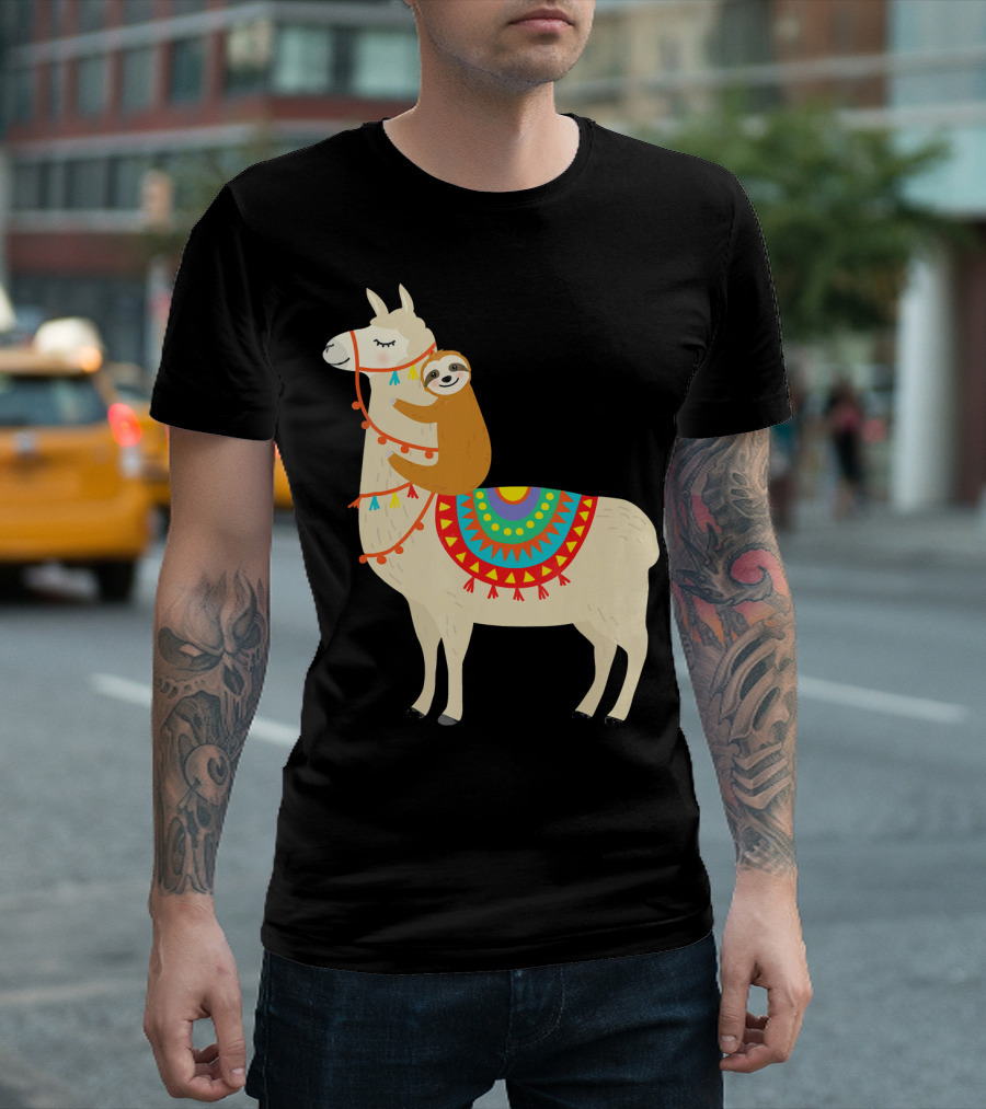 Sloth Hugging Llama with Colorful Blanket T-Shirt