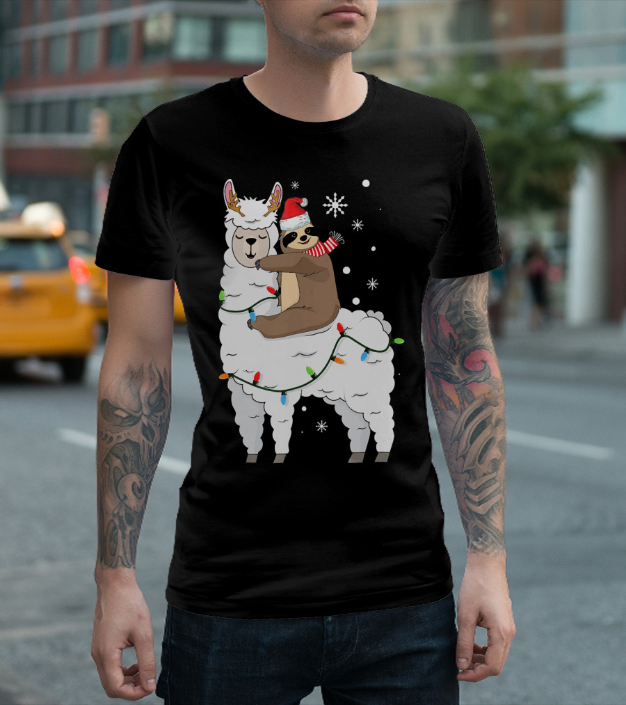 Sloth Riding Llama Cute Christmas Lights Snowflakes Santa Hat T-Shirt