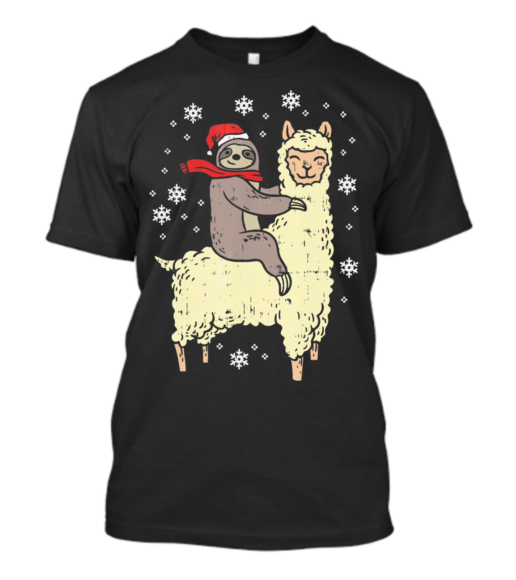 Santa Sloth Riding Llama With Snowflakes T-Shirt
