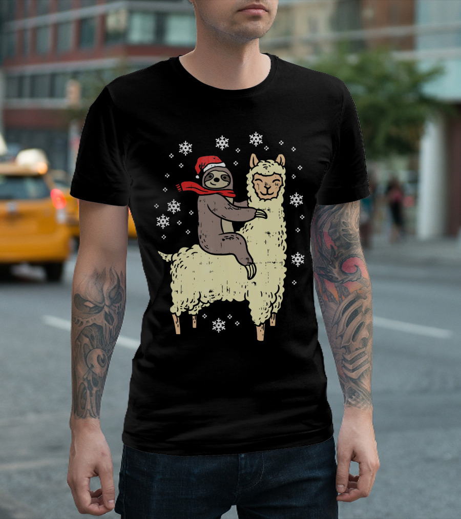 Santa Sloth Riding Llama With Snowflakes T-Shirt
