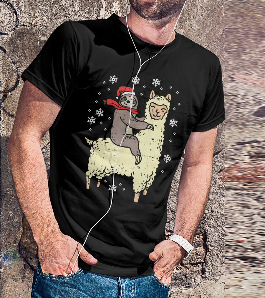 Santa Sloth Riding Llama With Snowflakes T-Shirt