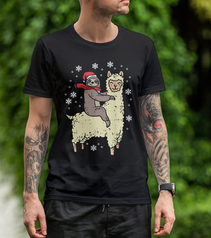Santa Sloth Riding Llama With Snowflakes T-Shirt