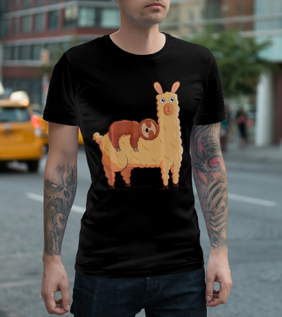 Sloth Relaxing Comfortably on Llama Alpaca T-Shirt