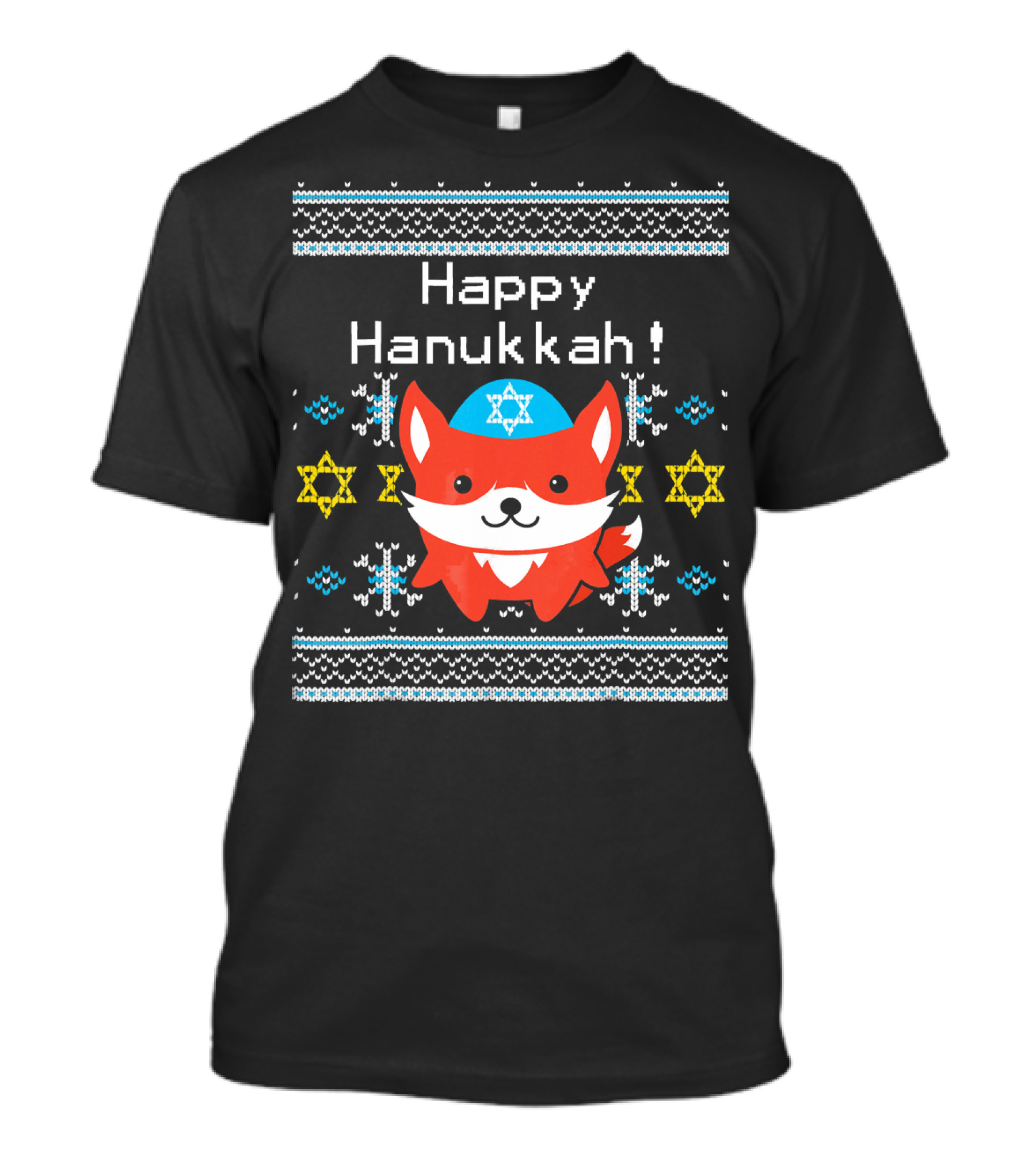 Happy Hanukkah Kawaii Fox With Stars Of David Snowflakes T-Shirt