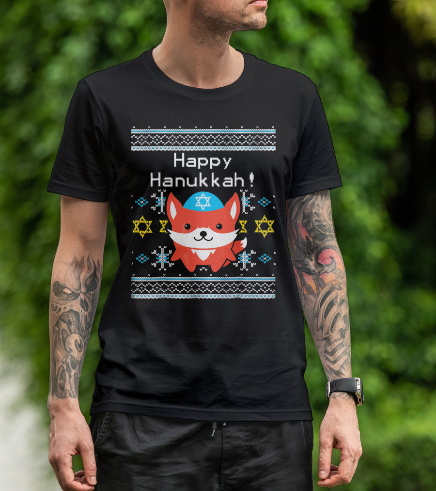 Happy Hanukkah Kawaii Fox With Stars Of David Snowflakes T-Shirt