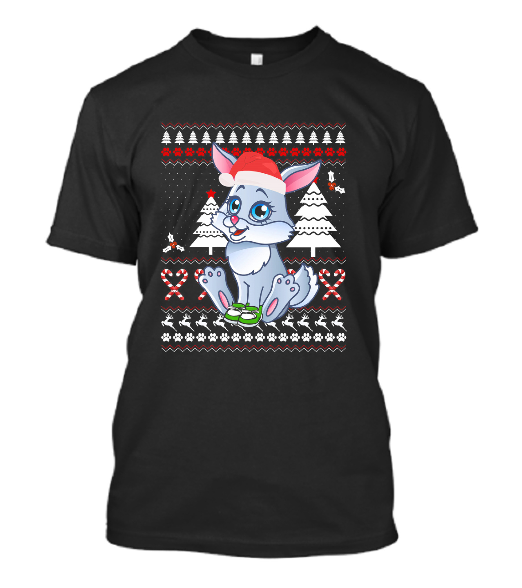 Rabbit Cute Ugly Christmas Santa Hat Candy Cane Trees T-Shirt